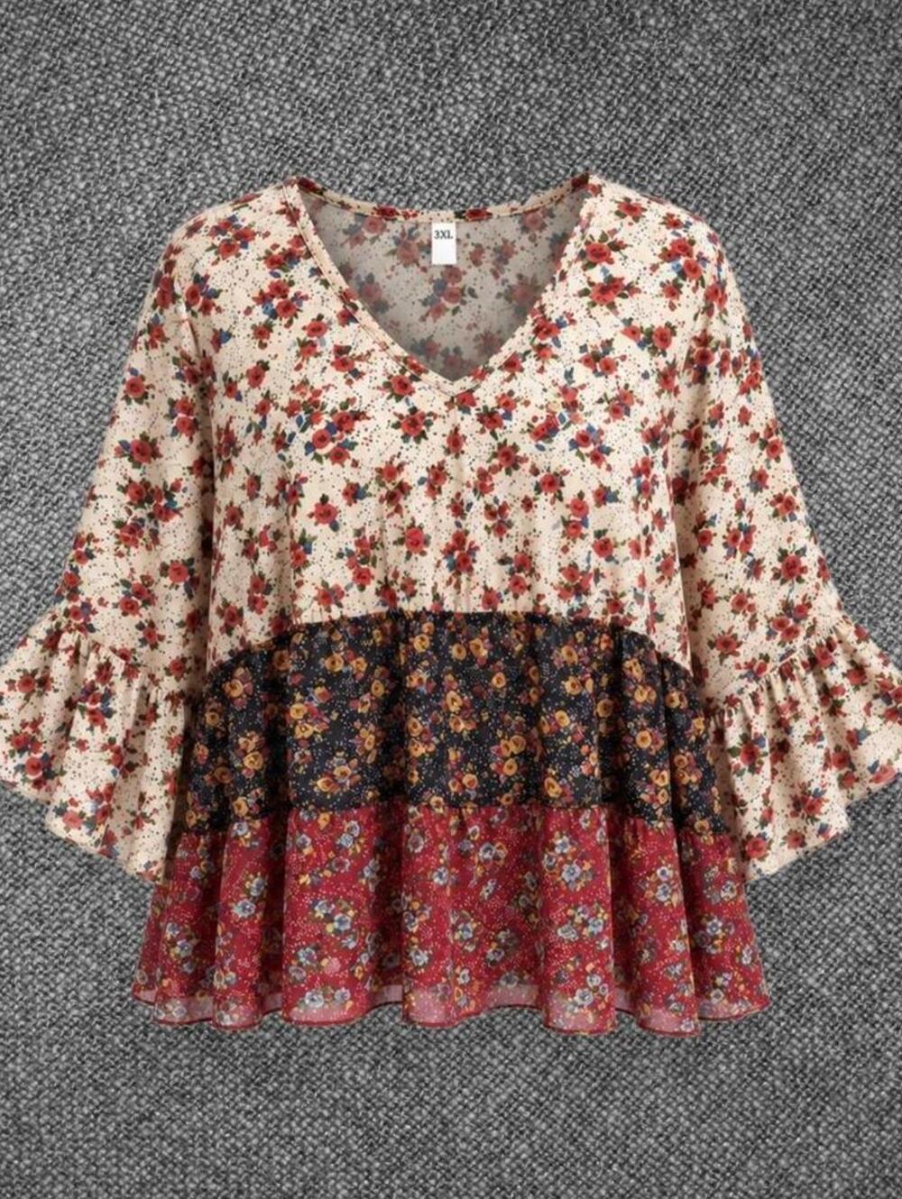 Floral Patchwork Peplum Bell Sleeve Blouse 3XL